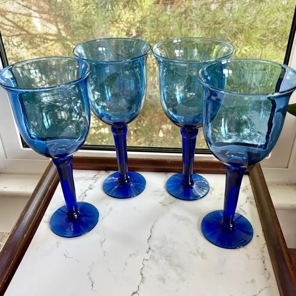 Vintage Cobalt Blue Mexican Glass Goblets Set of 4u